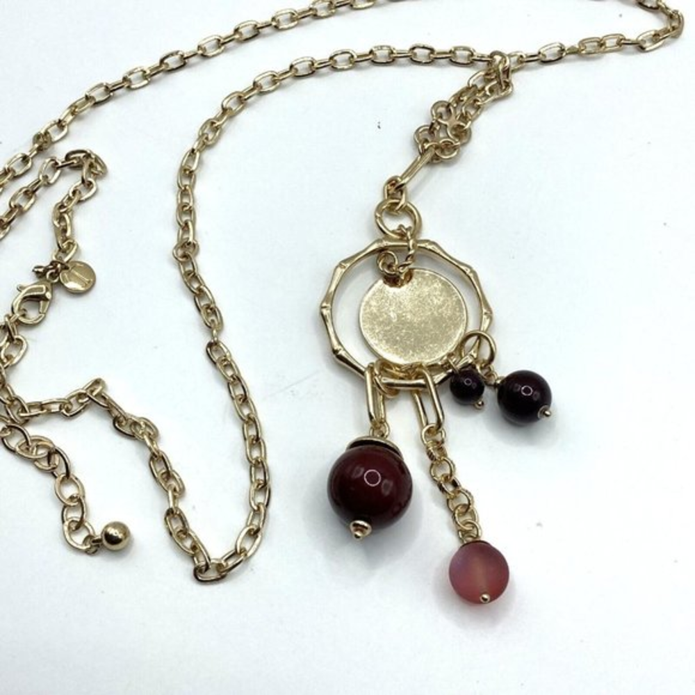 TALBOTS gold tone pendant long chain 32" Maroon‎ beads Art Nouveau Necklace